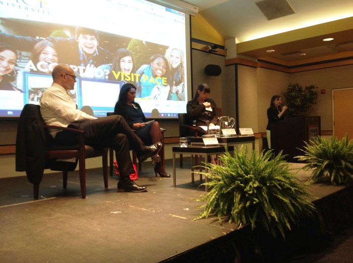 "True Partnerships panel including Terry Bowman of NFTE, Archana Shah of OBA & Pace Unv.'s Wilson Center for Social Entrepreneurship, and Erin Labarge of the SAP tech and software corporate.