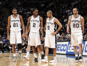 [Kawhi as a starting player alongside Tim Duncan, Tony Parker and Manu Ginobli of the NBA Spurs]
